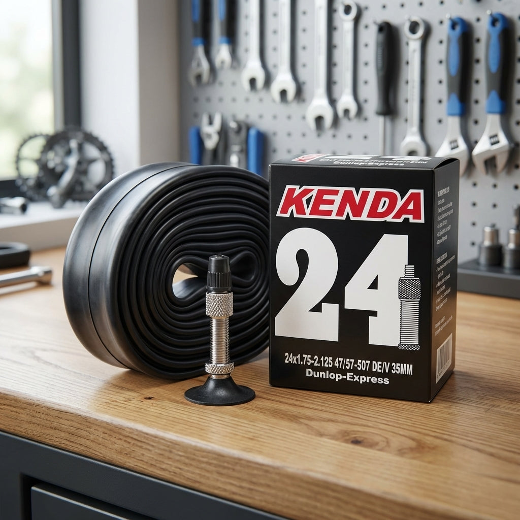 Kenda Fahrradschlauch 24x1.75-2.125 47/57-507 DV35 mit Box auf Werkbank.