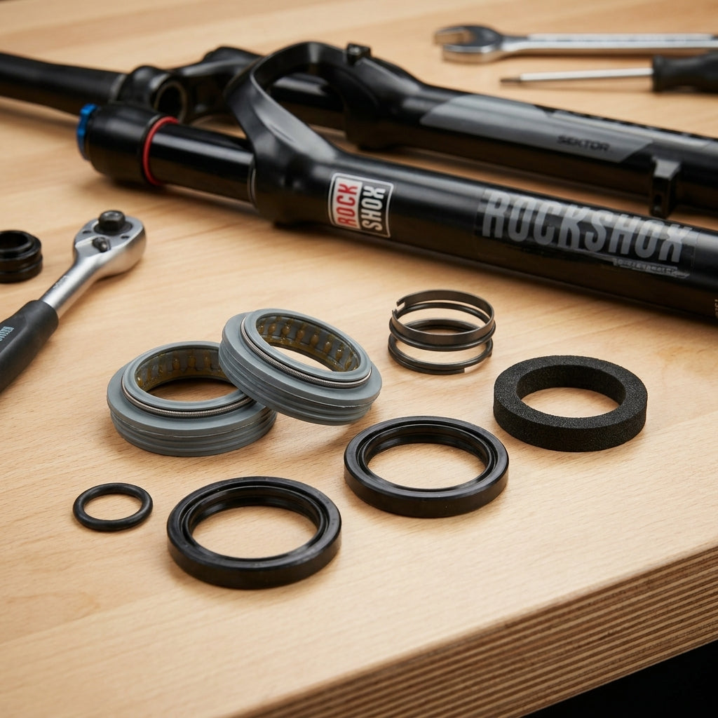 RockShox Sektor Gabel Service Kit Basic mit Dichtungen, Schaumringen, O-Ringen und Werkzeug auf Holztisch.