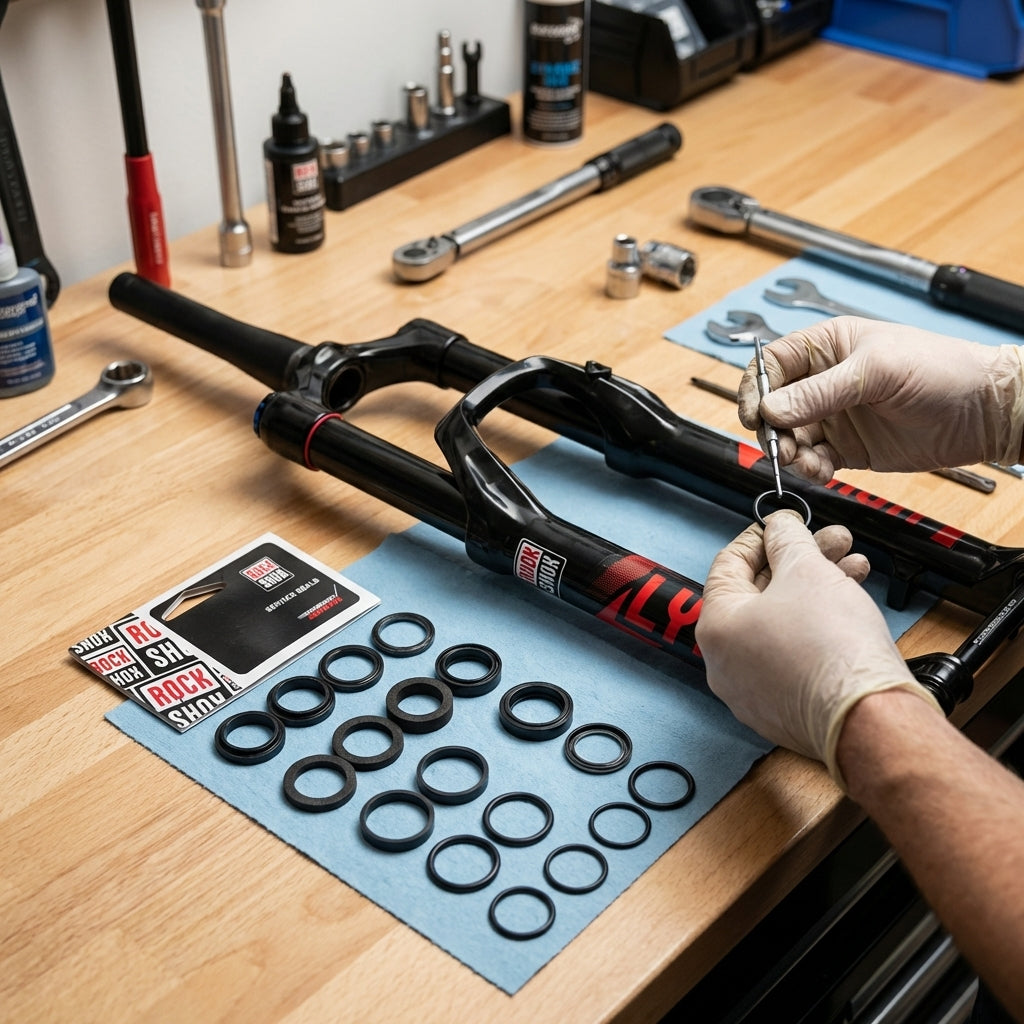 RockShox Lyrik Federgabel Service-Kit Basic: Wartung der Gabel mit neuen Dichtungen und Werkzeugen auf der Werkbank.