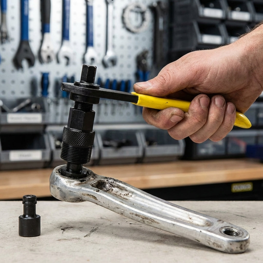Pedros Kurbelabzieher Universal 22mm x 1 wird an einer Fahrradkurbel verwendet.
