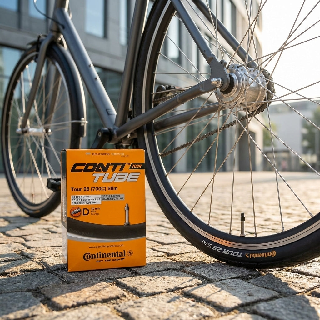 Continental Fahrradschlauch Tour 28 Slim DV 40mm Verpackung vor einem Fahrrad auf Kopfsteinpflaster.
