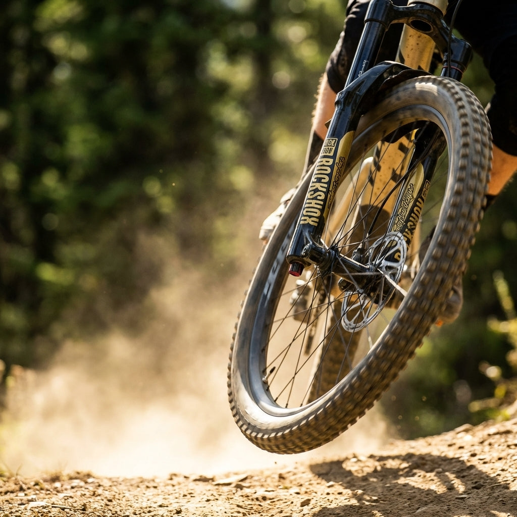 Rockshox Troy Lee Designs Dekor Kit für Pike/Lyrik Gabel. Goldene Federung am Mountainbike auf staubigem Trail.