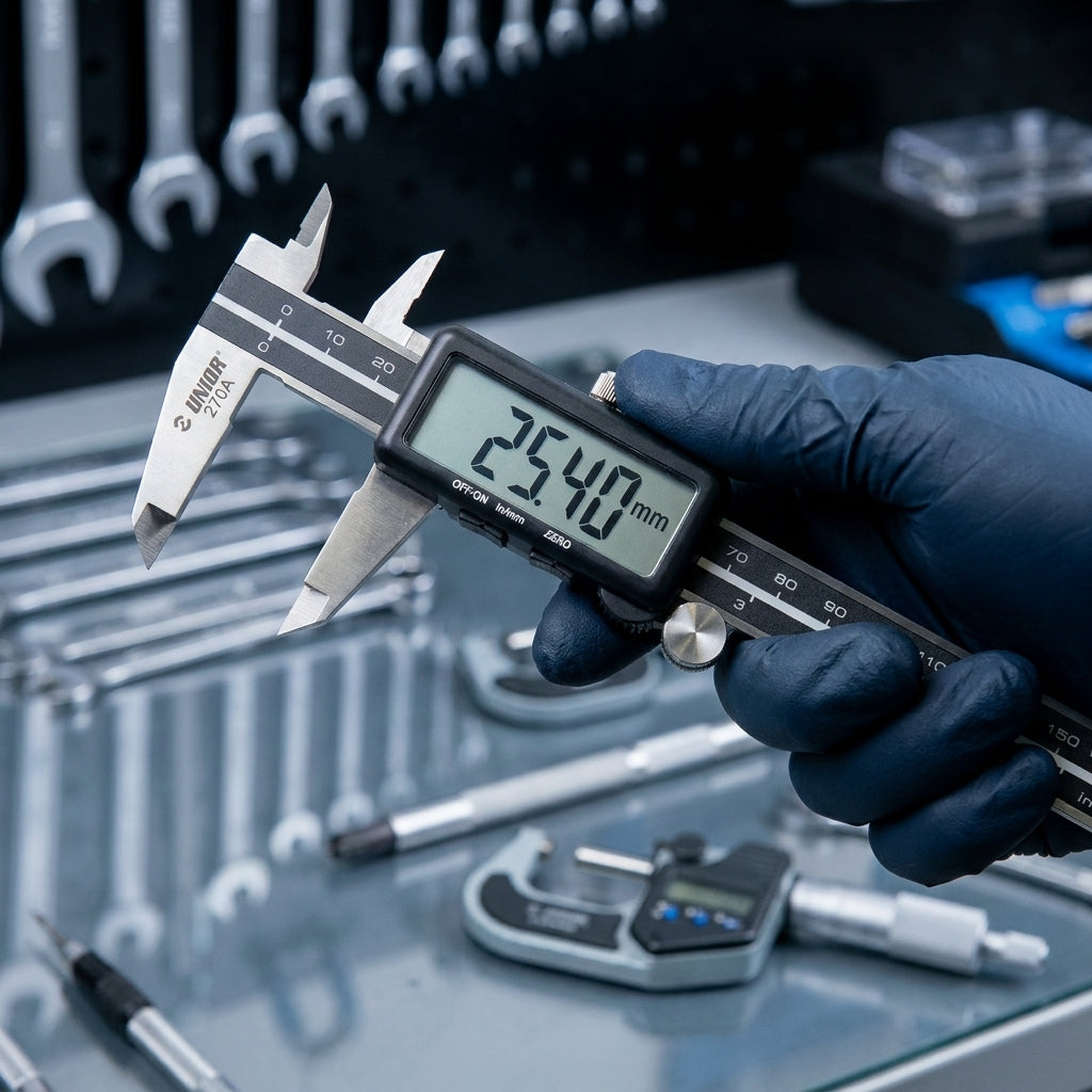 Unior Präzisions-Messschieber digital 270A. Exaktes Messwerkzeug für Außen-, Innen-, Stufen- und Tiefenmessungen mit 0.01mm Genauigkeit.