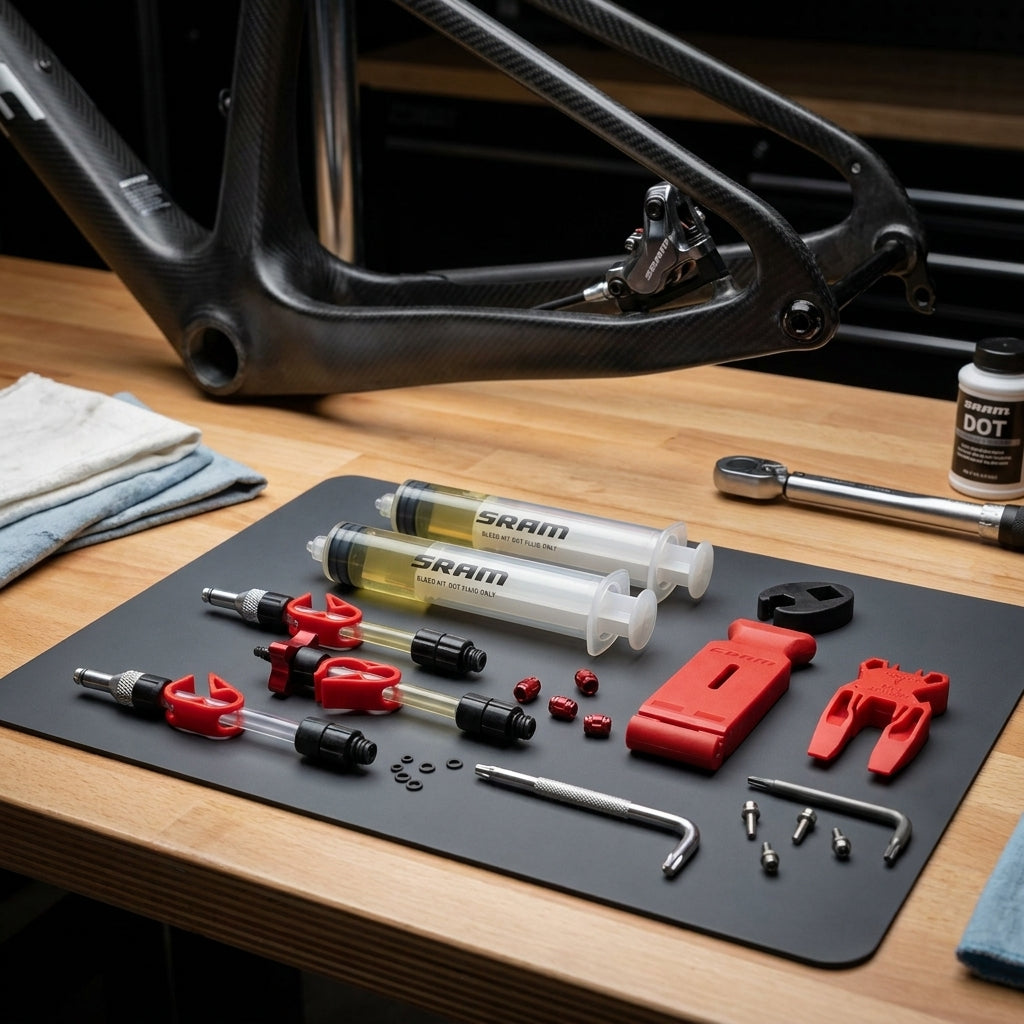 SRAM Scheibenbremsen Entlüftungs-Kit Standard V2 auf Werkbank mit Fahrradrahmen und Bremse.