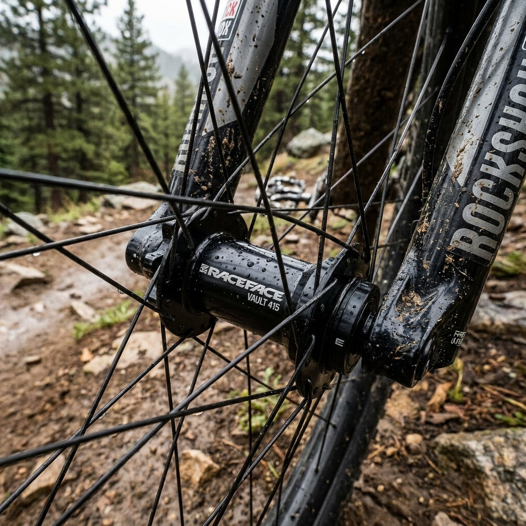 Race Face Vault Nabe Dichtungskit am Mountainbike-Vorderrad auf nassem, schlammigem Trail mit Wassertropfen.