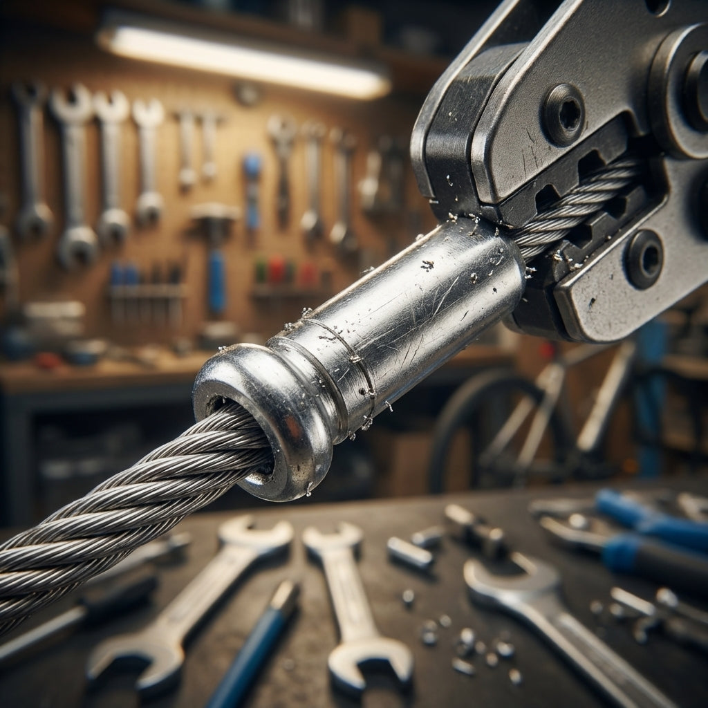 SHIMANO Schaltzug Endkappe wird auf Fahrradzug gecrimpt. Werkstatt-Detail für Radsport-Montage.
