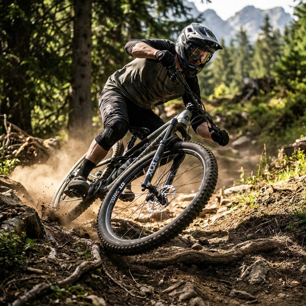 DT Swiss E 1900 SPLINE 27,5" robustes schwarzes Enduro-Vorderrad am Mountainbike auf staubigem Trail.