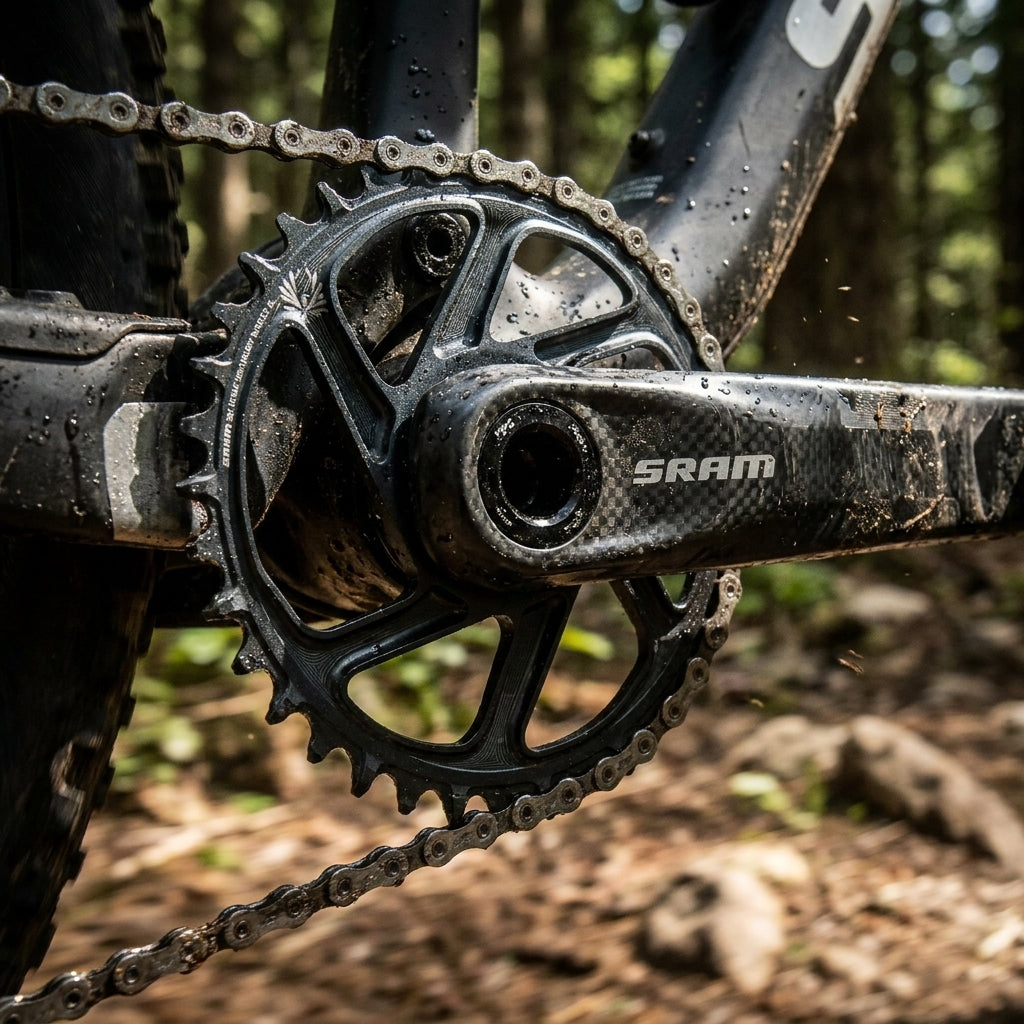 SRAM X-Sync 2 SL Eagle 32T Kettenblatt lunargrau am MTB mit Carbon-Kurbel für 12-fach Boost-Antrieb.