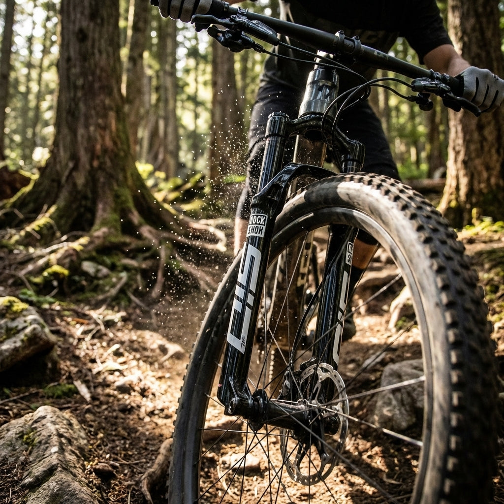RockShox SID Ultimate Race Day Federgabel 29 Zoll 120mm am Mountainbike im Wald, Staub spritzt.