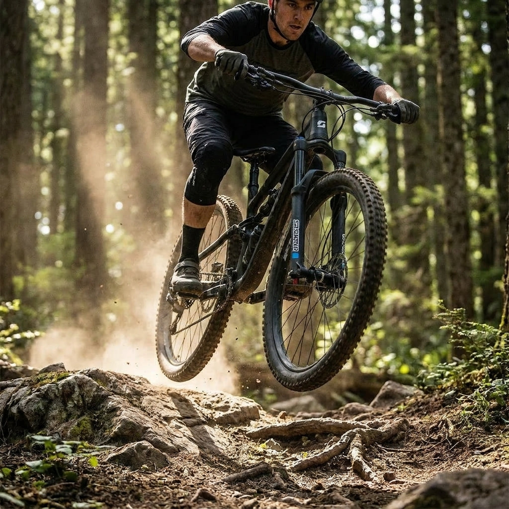 SR Suntour AION36 Federgabel am Mountainbike auf rauem Trail. Robust, präzise, für Enduro und Trail. Schwarz matt.