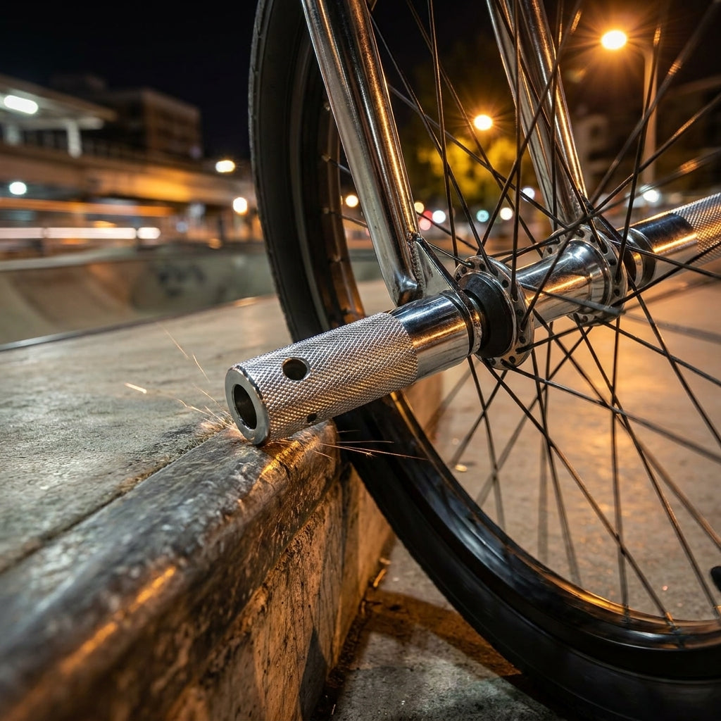 BMX Achsaufsatz Stahl chrom schleift funkensprühend auf Betonrand bei Nacht.
