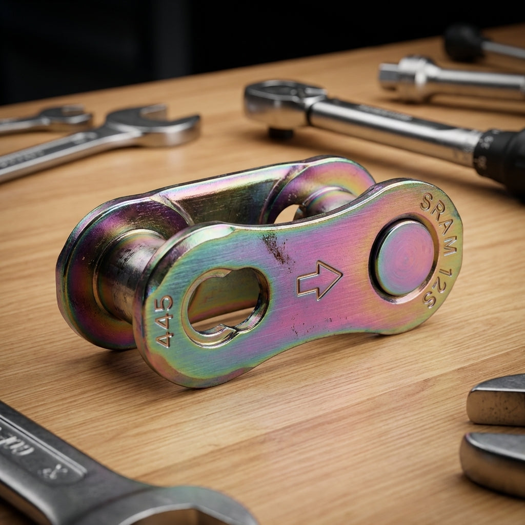 SRAM PowerLock Eagle 12-fach Kettenverschluss rainbow für werkzeuglose Kettenmontage auf Holztisch mit Werkzeug.