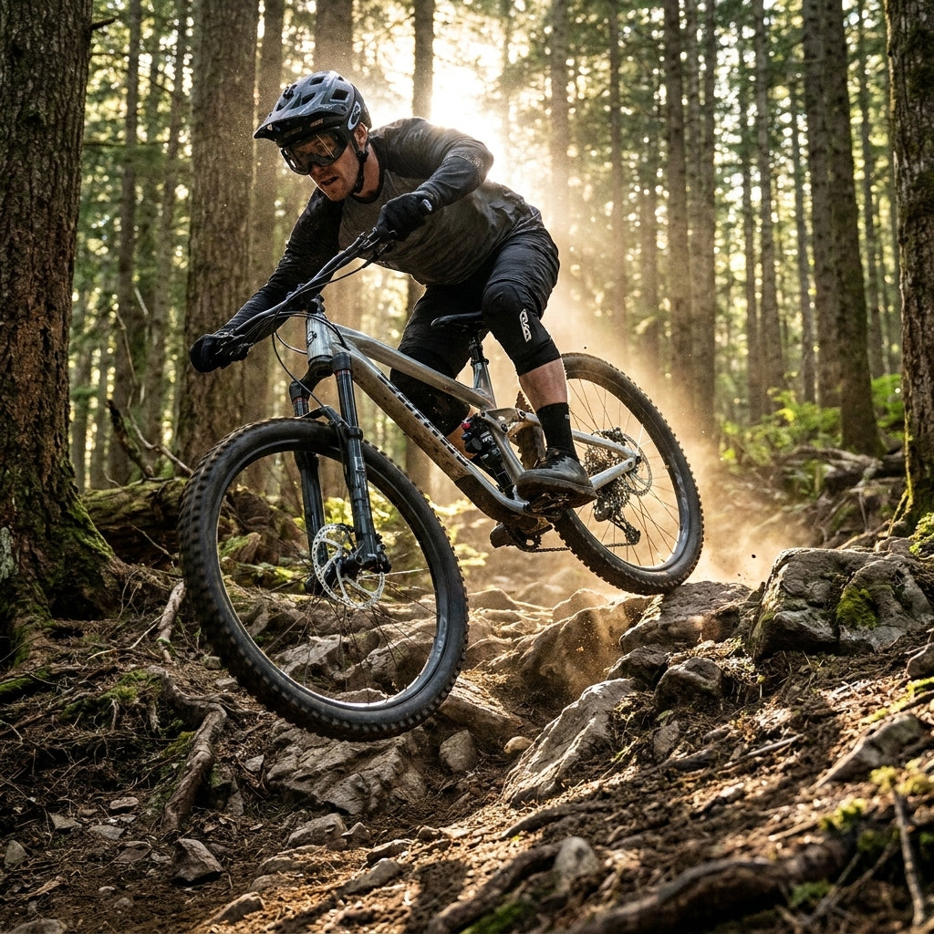 Mountainbiker mit SR Suntour Dämpfer RS22 TRIAIR2 auf steinigem Trail im Wald bei Sonnenlicht.