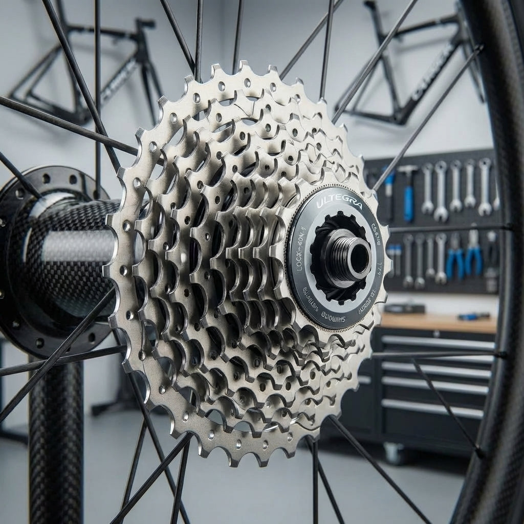 SHIMANO ULTEGRA CS-6700 10-fach 11-28Z Kassette am Rennrad-Hinterrad.