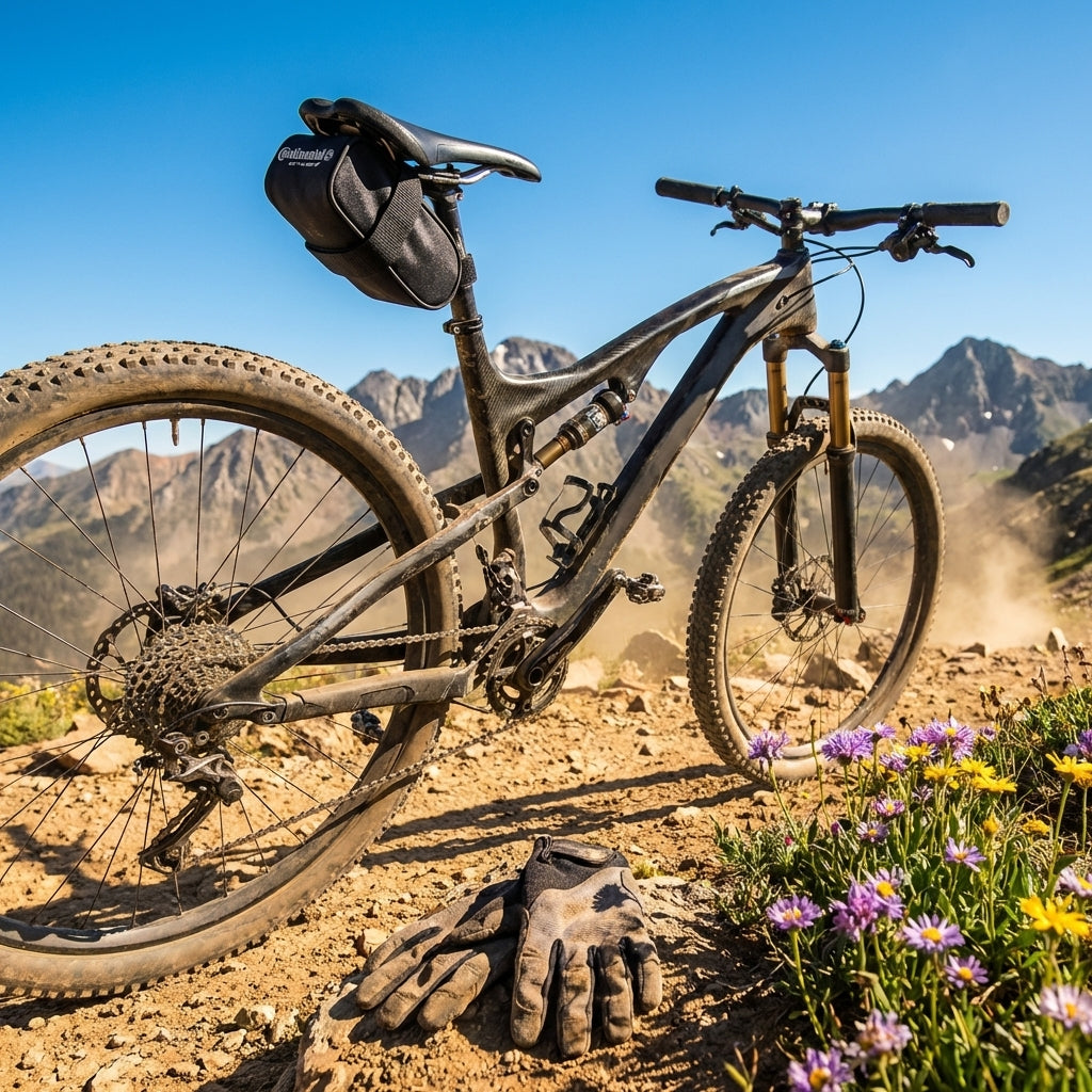 Continental MTB Satteltasche S42 mit Pannenset am Mountainbike auf einem Bergpfad.