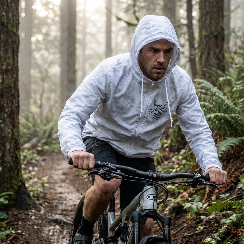 Crankbrothers Windbreaker Range Rock & Roll mit Skelett-Hand-Logo, weiß, Herren L, beim Mountainbiken im Wald.