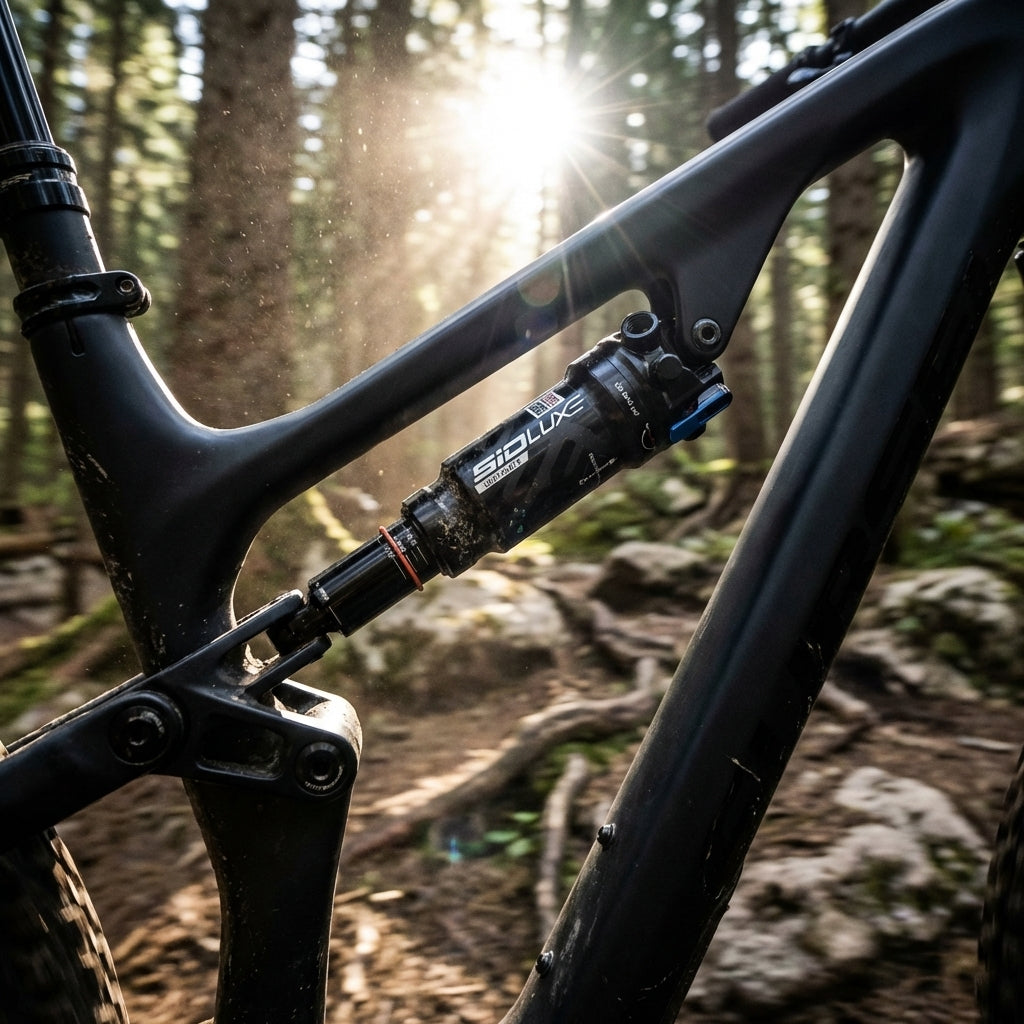 Nahaufnahme Rockshox SIDLuxe Ultimate Dämpfer 185x47.5 Trunnion am Mountainbike im sonnigen Wald.