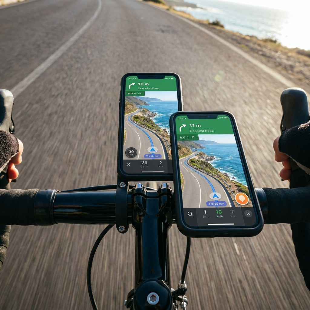 Zwei Smartphones mit SKS COMPIT Universal-Coveradapter sicher am Fahrradlenker zur Navigation auf Küstenstraße.