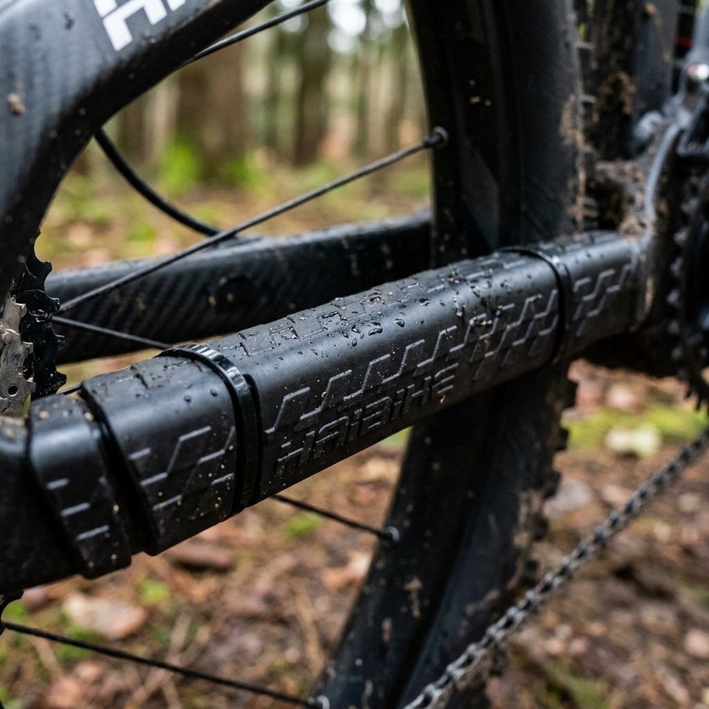 HAIBIKE Kettenstrebenschutz aus Gummi am Mountainbike-Rahmen, mit Kabelbindern befestigt und Wassertropfen.