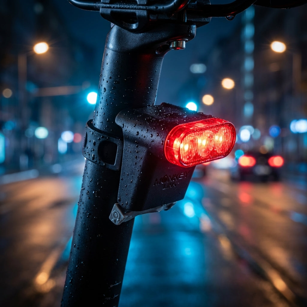 MonkeyLink Rücklicht 100 Lux Sport Recharge mit magnetischer Verbindung und StVZO-Zulassung am Fahrrad bei Nacht.