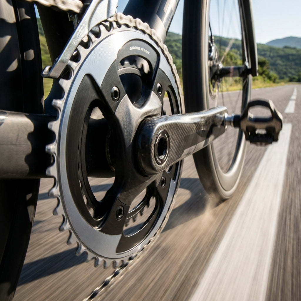 SRAM X-Sync Road 12-fach 44T Kettenblatt grau am Rennrad in Bewegung auf der Straße.