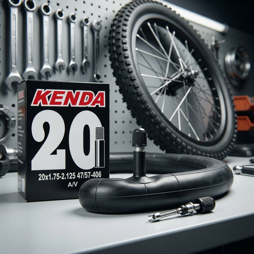 Kenda Fahrradschlauch 20x1.75-2.125 47/57-406 AV in Box, mit 20 Zoll Laufrad und Werkzeug im Hintergrund.