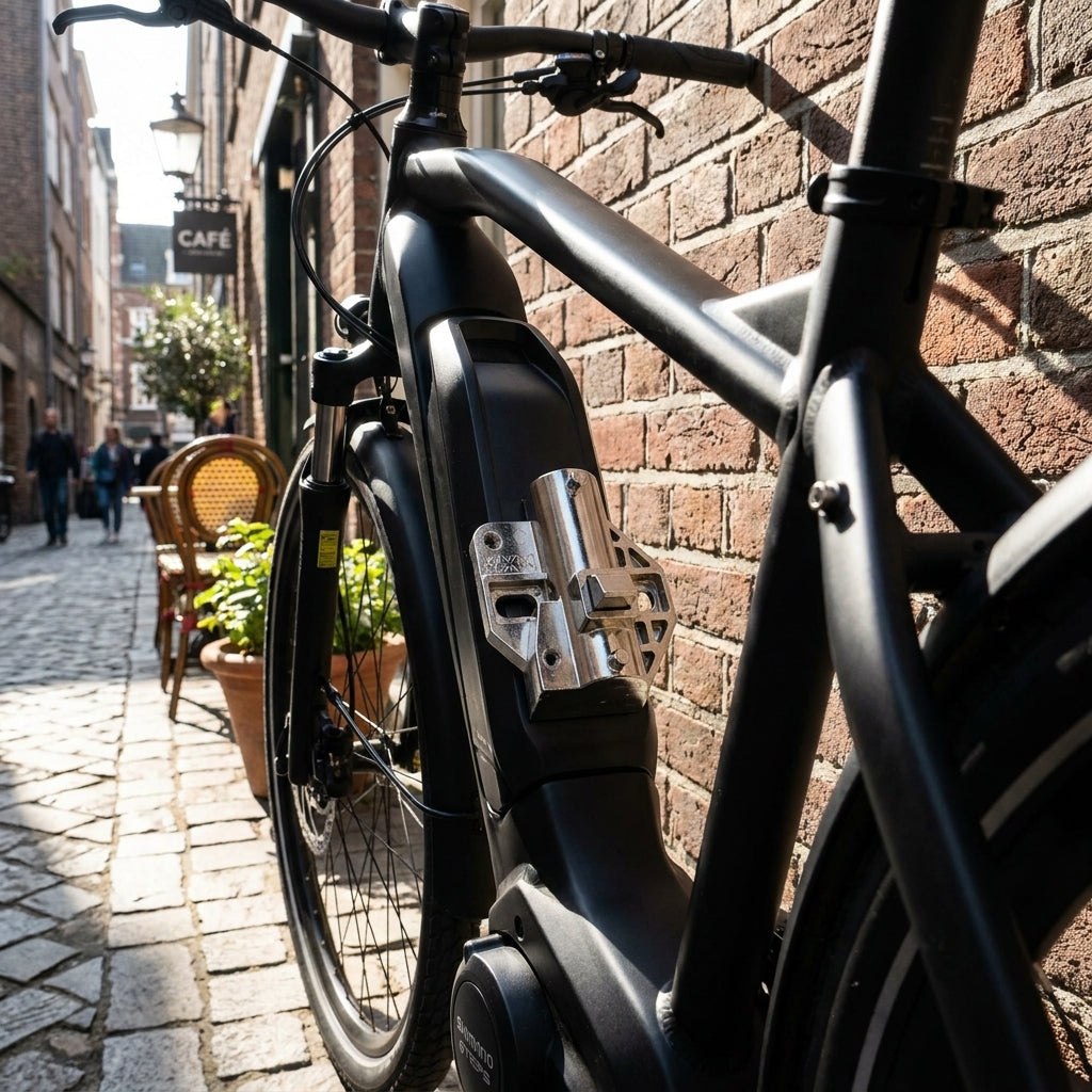 Silbernes AXA Akkuschloss Tube für Shimano STEPS am schwarzen E-Bike Rahmen. Rahmenmontage.