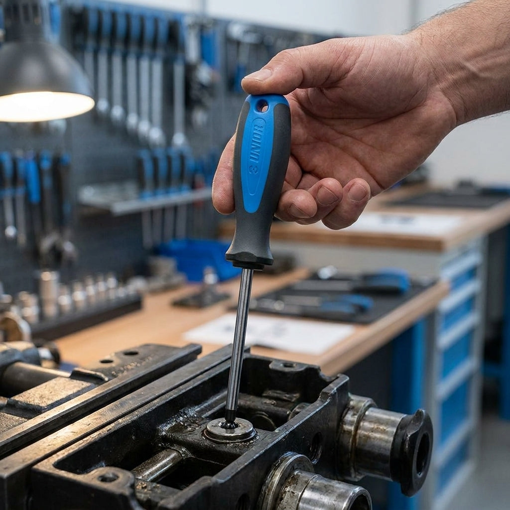 Unior 4mm Innensechskant Kugelkopf Schraubendreher mit blau-schwarzem 3-Komponenten Griff im Einsatz in Werkstatt.