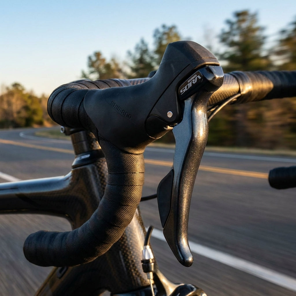 SHIMANO SORA ST-R3000/R3030 9-fach Schalt-/Bremshebel am Rennrad auf der Straße, Nahaufnahme.