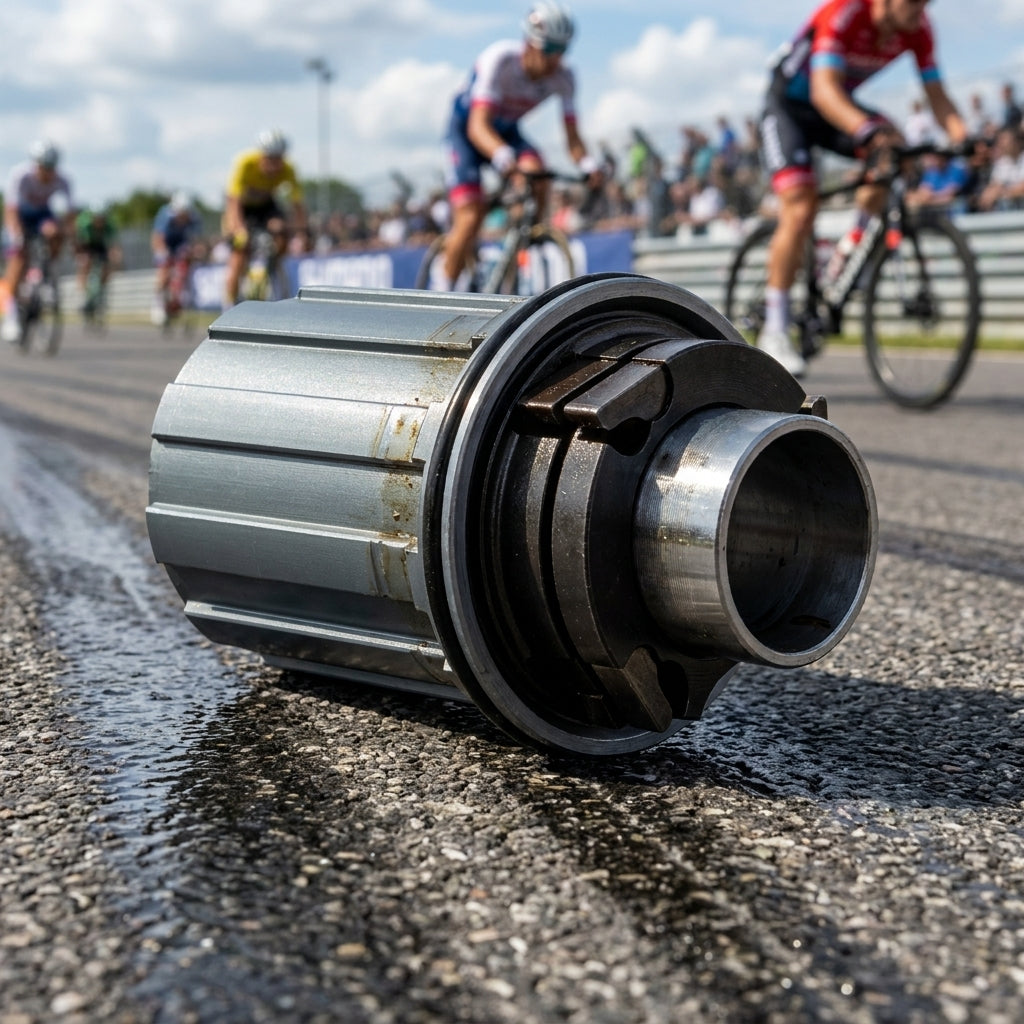 Miche Freilaufkörper 9/10/11-fach für Rennrad auf Asphalt, mit Radrennen im Hintergrund.