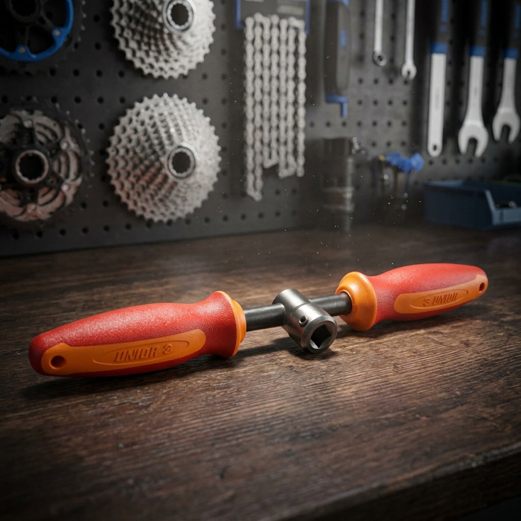 Unior Pedalschlüssel Profi rot 15mm 1613/2BI-US auf Werkbank in Fahrradwerkstatt.