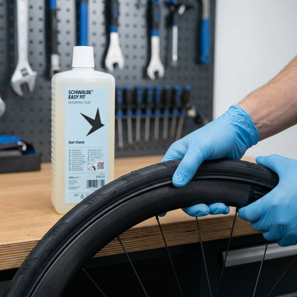 Schwalbe EASY FIT Montage-Flüssigkeit 1000ml zum einfachen Aufziehen von Fahrradreifen mit Handschuhen.