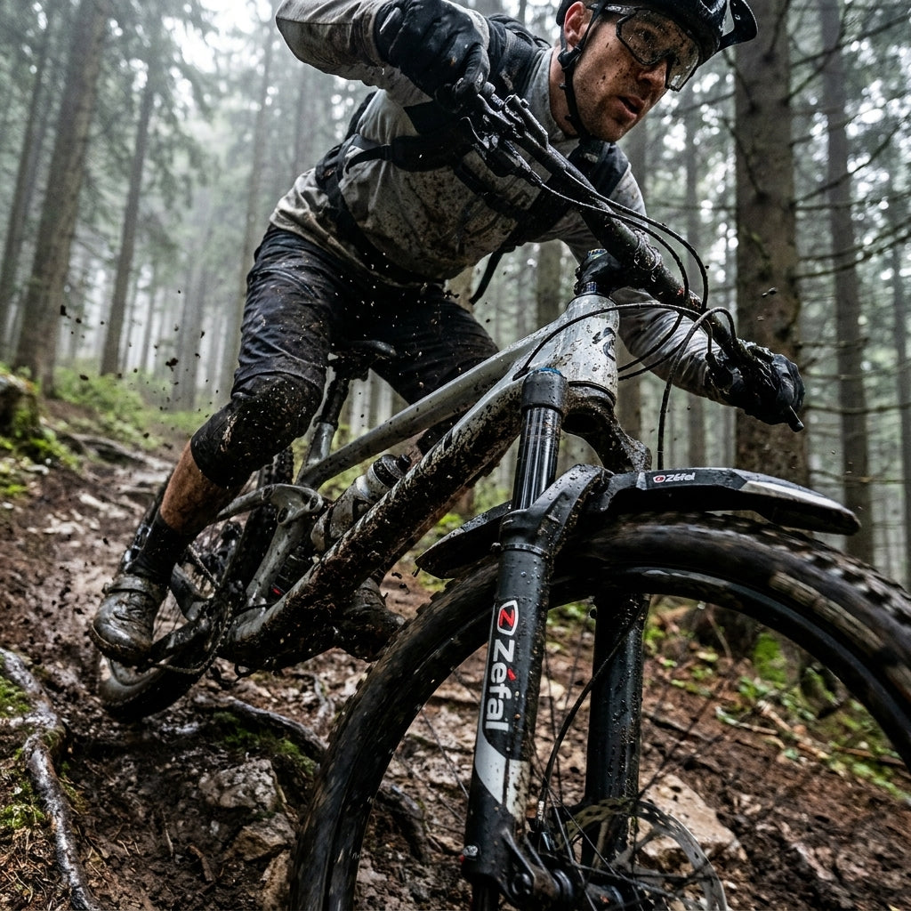 ZÉFAL VR-Steckblech Deflector FM60 schwarz grau mit Spoiler am Mountainbike auf matschigem Waldweg im Einsatz.