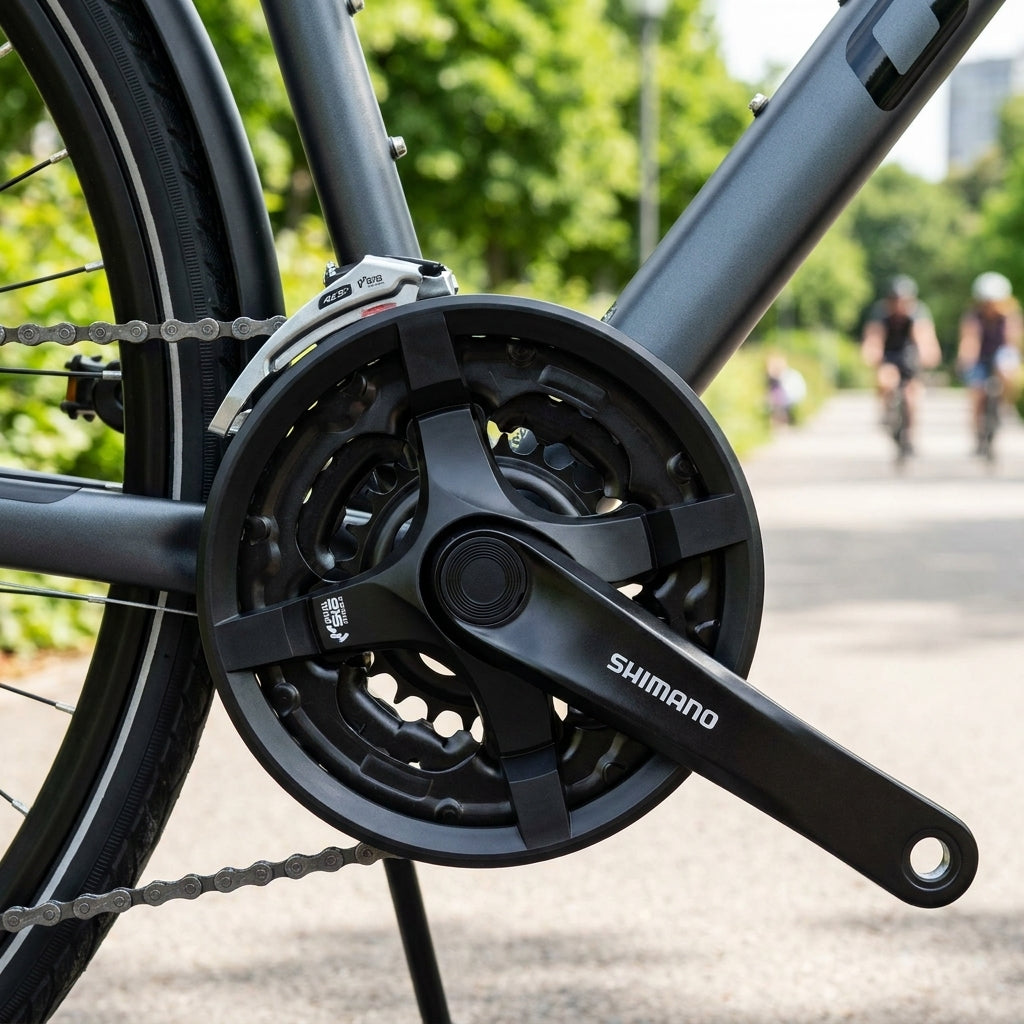 SHIMANO Kurbelgarnitur TOURNEY FC-TY501 am Fahrrad für 6/7/8-fach Schaltung, schwarz.