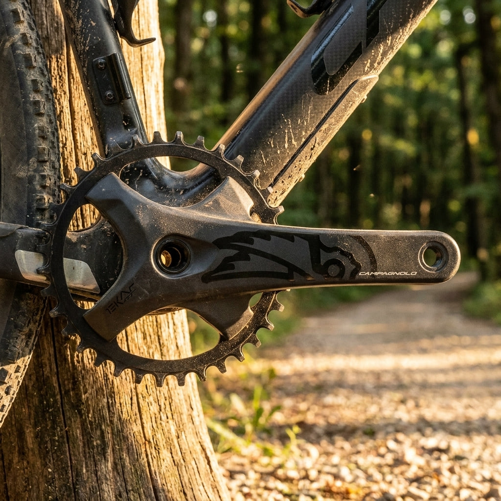 Campagnolo Ekar GT 13s Kettenradgarnitur am Gravelbike auf Waldweg. Detailaufnahme.