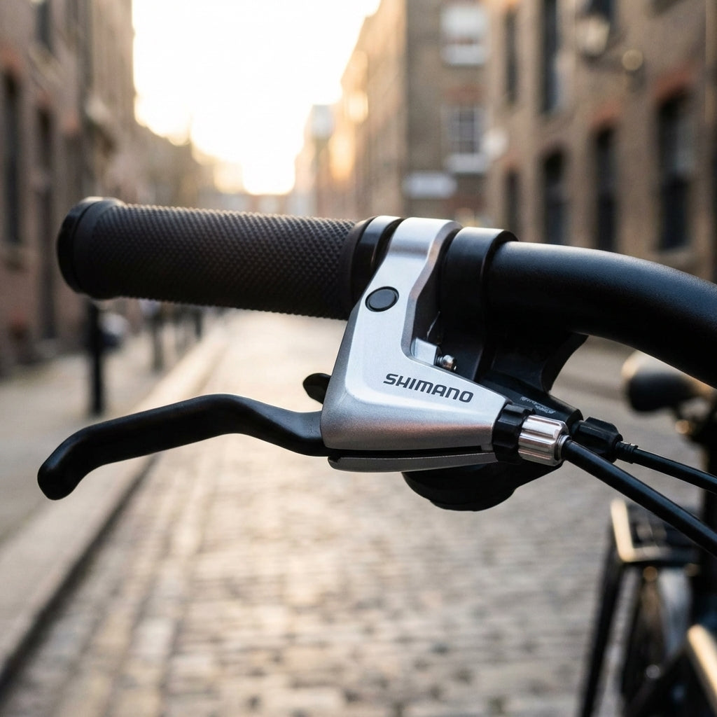 Silberner Shimano BL-T4000 Bremshebel am Fahrradlenker montiert inklusive Bremszug und Hülle.