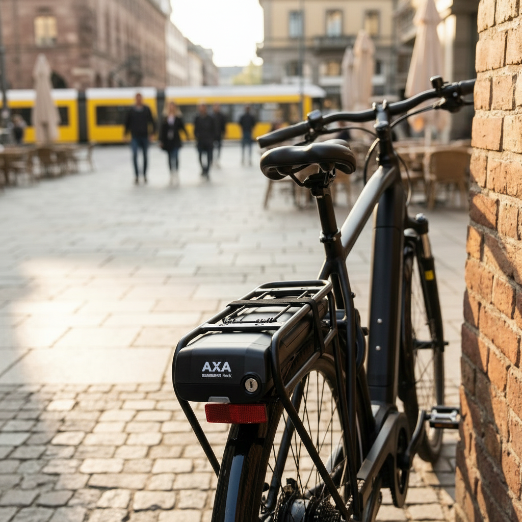 AXA SHIMANO Rack Akkuschloss schwarz für E-Bike Akku. Robustes Schloss für Shimano Gepäckträger. Maximale Sicherheit gegen Diebstahl.