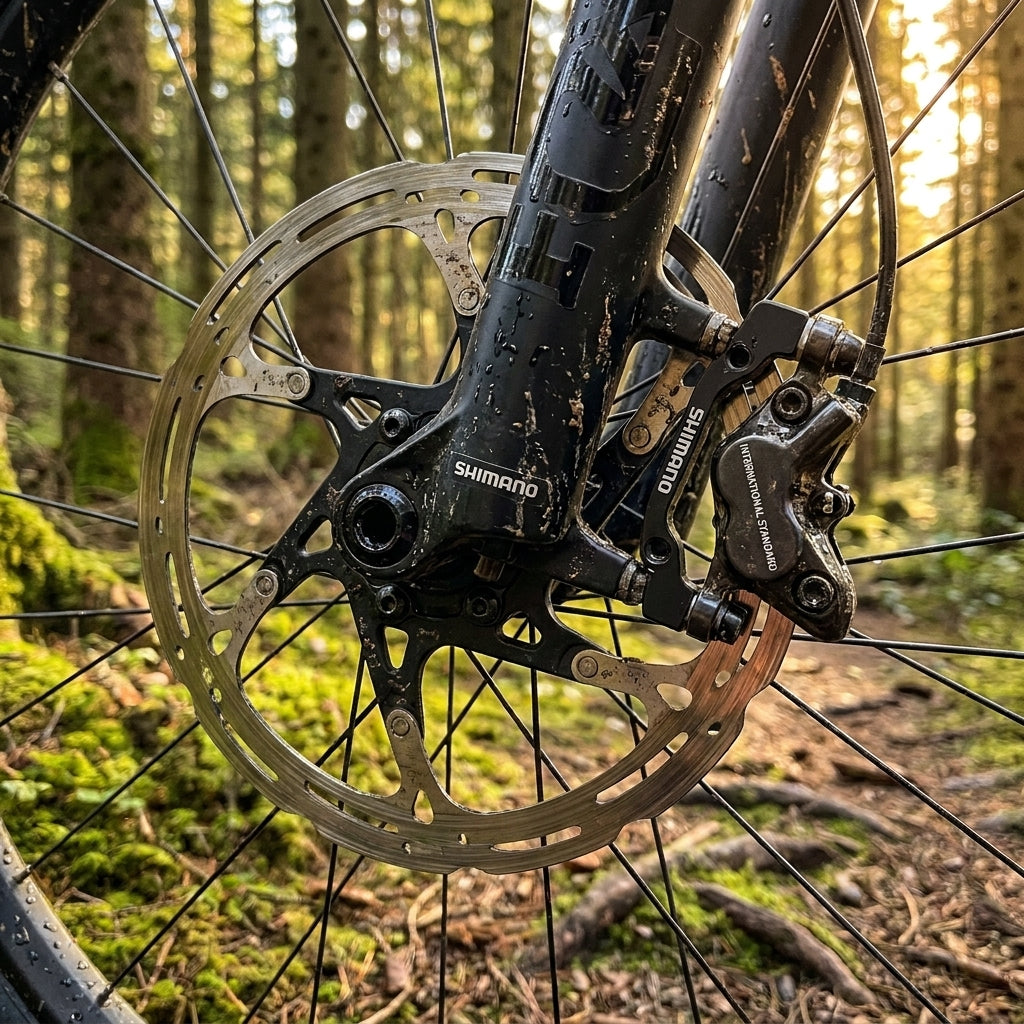 SHIMANO Scheibenbremsadapter vorne für 203mm Bremsscheiben am Mountainbike im Wald, schmutzig.