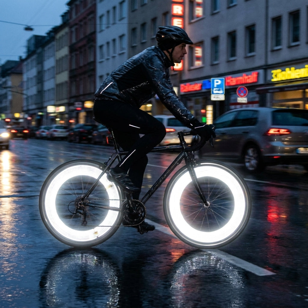 Büchel Sekuclip Speichenstrahler: Fahrrad mit hell leuchtenden Reflektoren bei Nacht auf nasser Straße. StVZO.