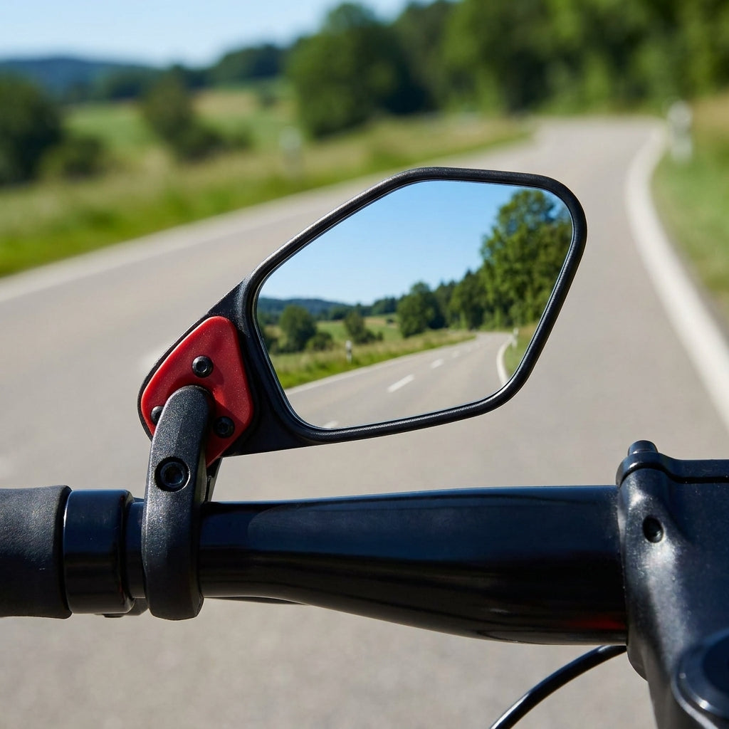 Krampe Ersatz-Spiegel KF Sport links für Fahrrad, montiert, zeigt kurvige Landstraße und grüne Landschaft.