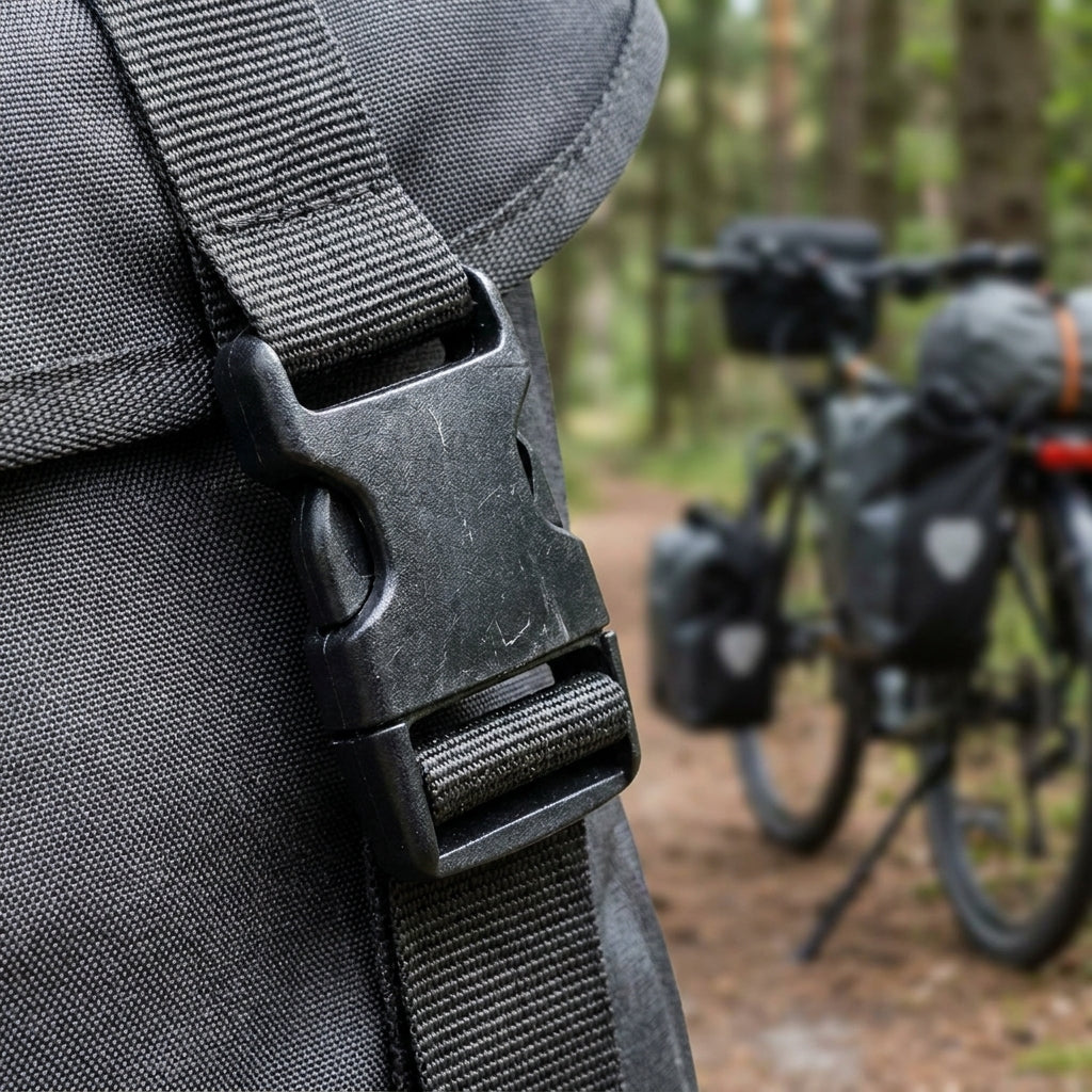 Detailansicht des XLC BA-X29 51mm zweiteiligen Schnallensets an einer Bikepacking-Tasche, Fahrrad im Wald.