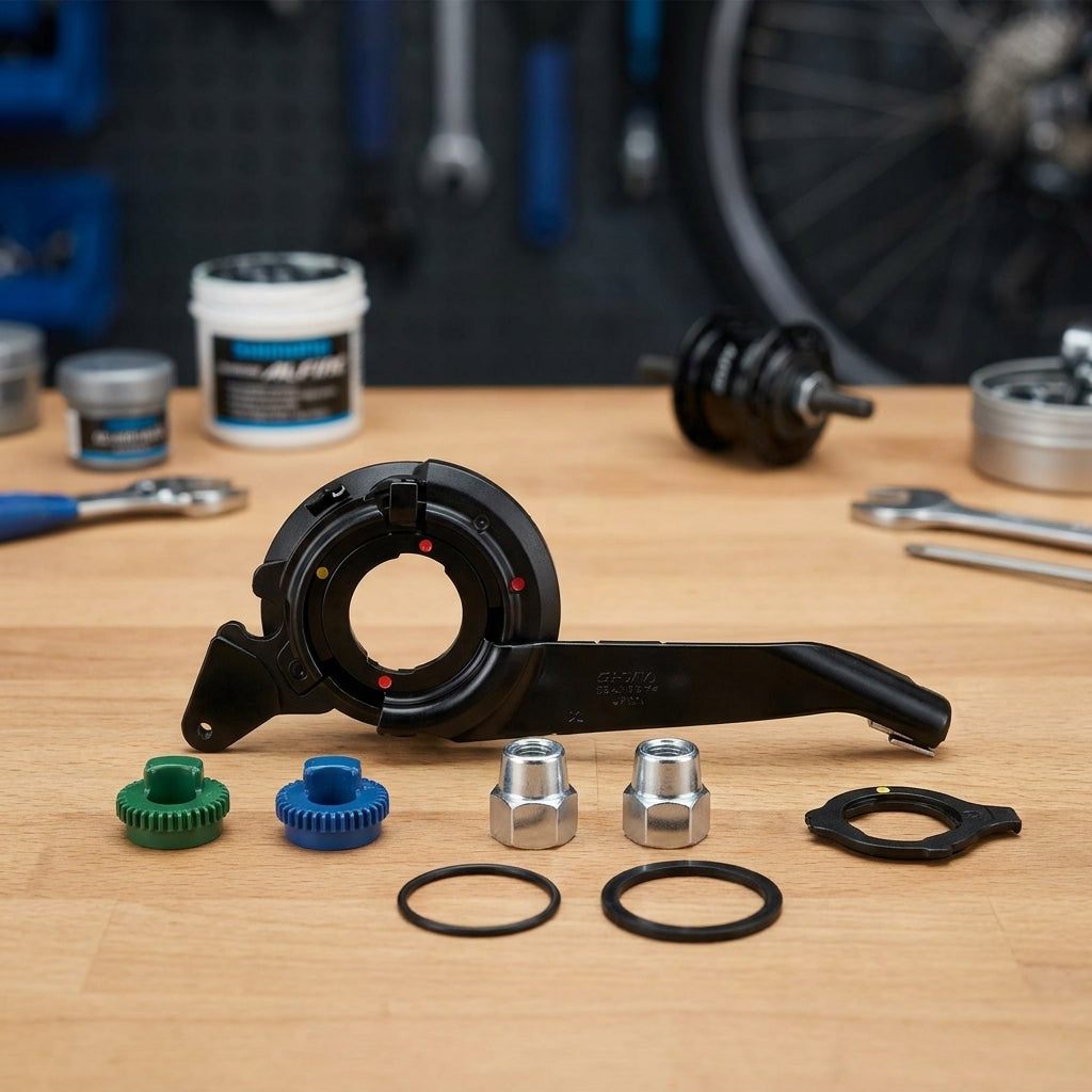 Shimano ALFINE 11-Gang SM-S700 Getriebenabe Kleinteile: Schalteinheit, Muttern, O-Ringe, Zahnräder auf Holztisch.