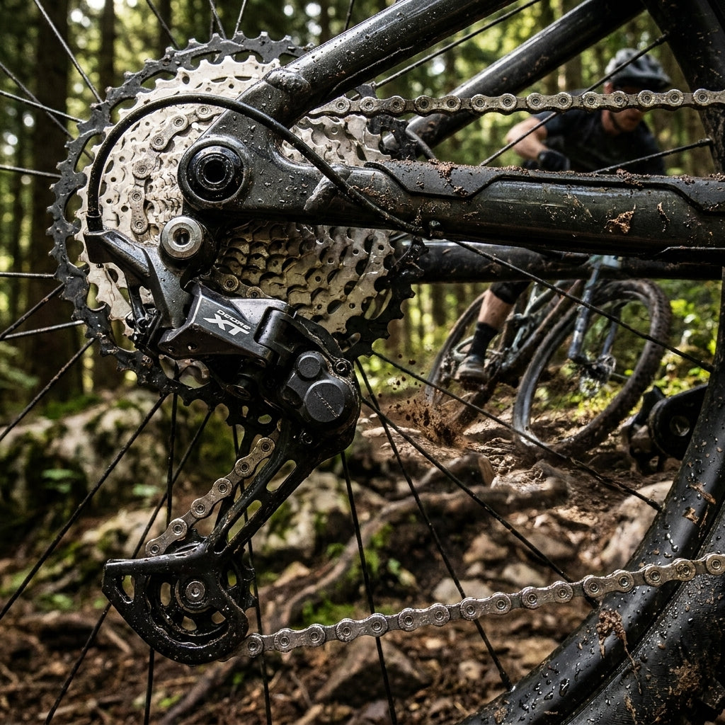 Schlammige SHIMANO DEORE XT 12-fach Kette und Antrieb am Mountainbike auf Waldweg.