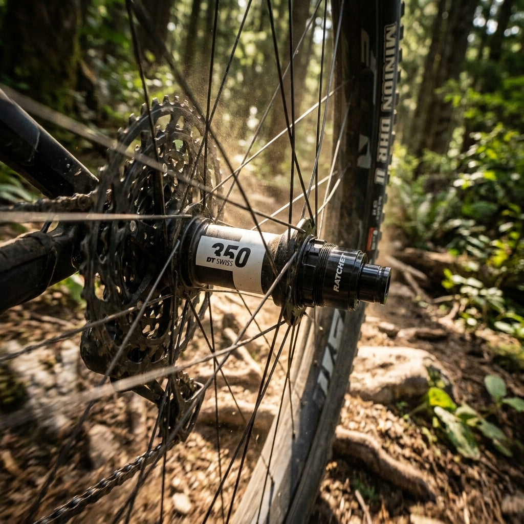 Nahaufnahme der schwarzen DT Swiss 350 Classic MTB Boost Hinterradnabe 32 Loch am Mountainbike im Wald.