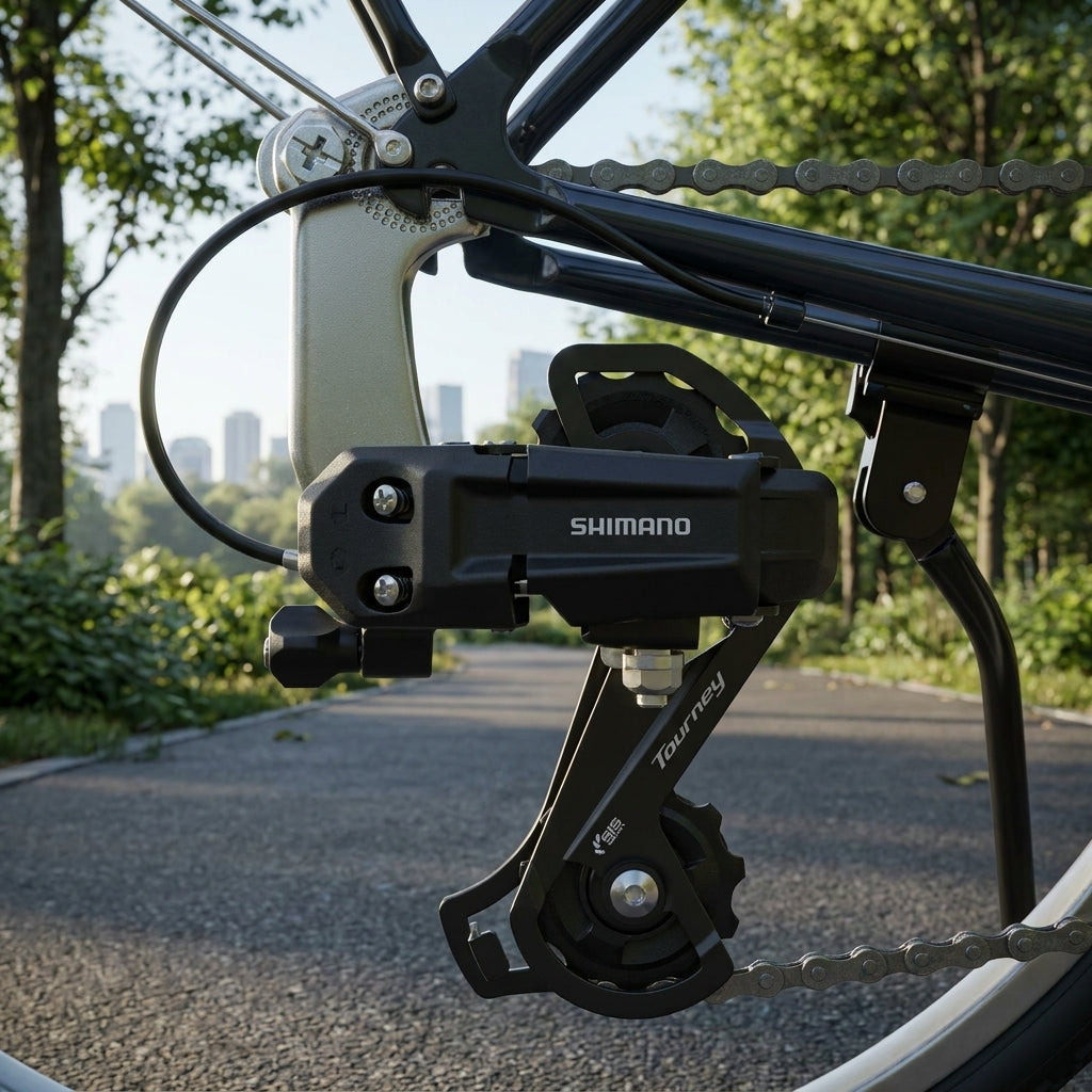 SHIMANO TOURNEY RD-TY200 Schaltwerk 6-fach/7-fach am Fahrrad im Park mit Stadtsilhouette.