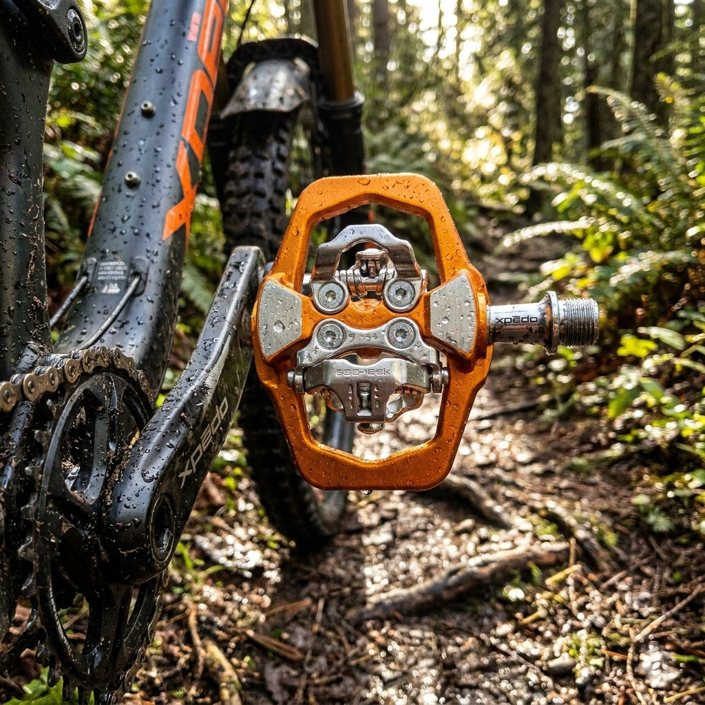Xpedo TRAVERSE Duo MTB Pedal orange. Hybrid Klick- und Plattformpedal für Freeride, Trail. Aluminium, robust, vielseitig.