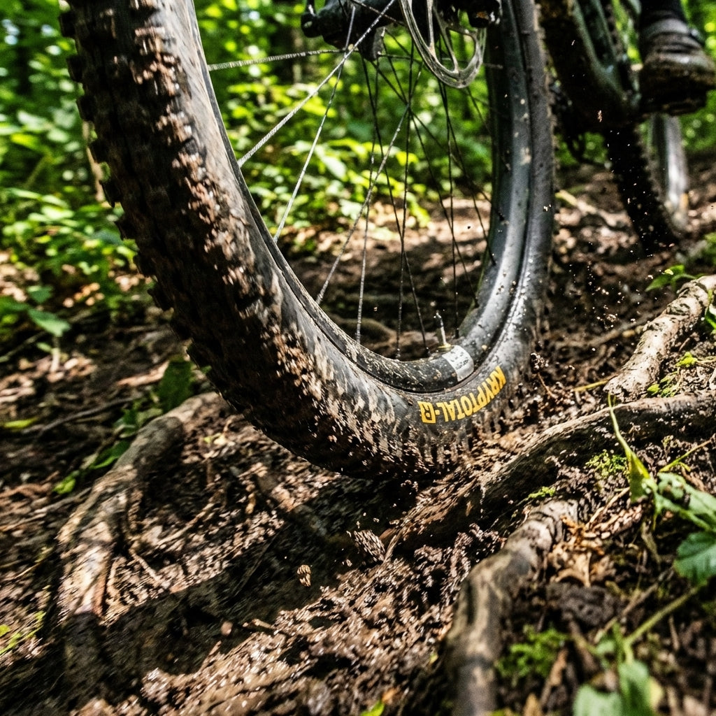 Continental Kryptotal-R Mountainbike Reifen im Schlamm auf einem wurzeligen Trail mit Spritzern.