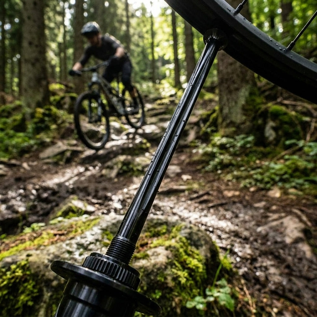 DT Swiss Complite Speiche 278mm schwarz, nass, am Mountainbike-Rad im Einsatz auf Waldweg mit Biker.
