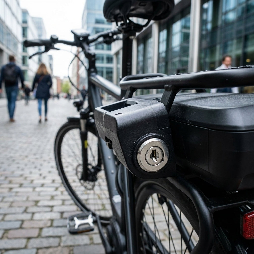 AXA Bosch2 NL E-Bike Akku Gepäckträgerschloss. Robuster Diebstahlschutz für Bosch E-Bike Akkus. Maximale Sicherheit.