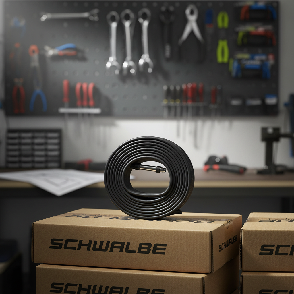 Schwalbe Fahrradschlauch Werkstattpackung auf Schwalbe Kartons in einer Werkstatt.